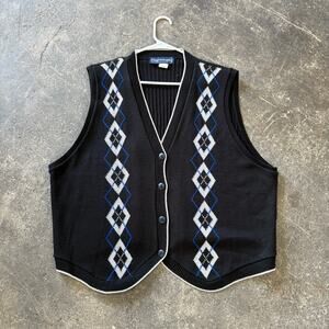 Vintage Maggie McNaughton Cardigan Sweater Vest Womens 3X Black Argyle Diamond